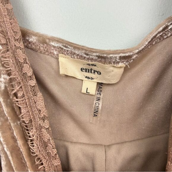 entro Crushed Velvet and Lace Mini Dress Tan Sleeveless Tank Skater Sz L 10/12 - Picture 5 of 14